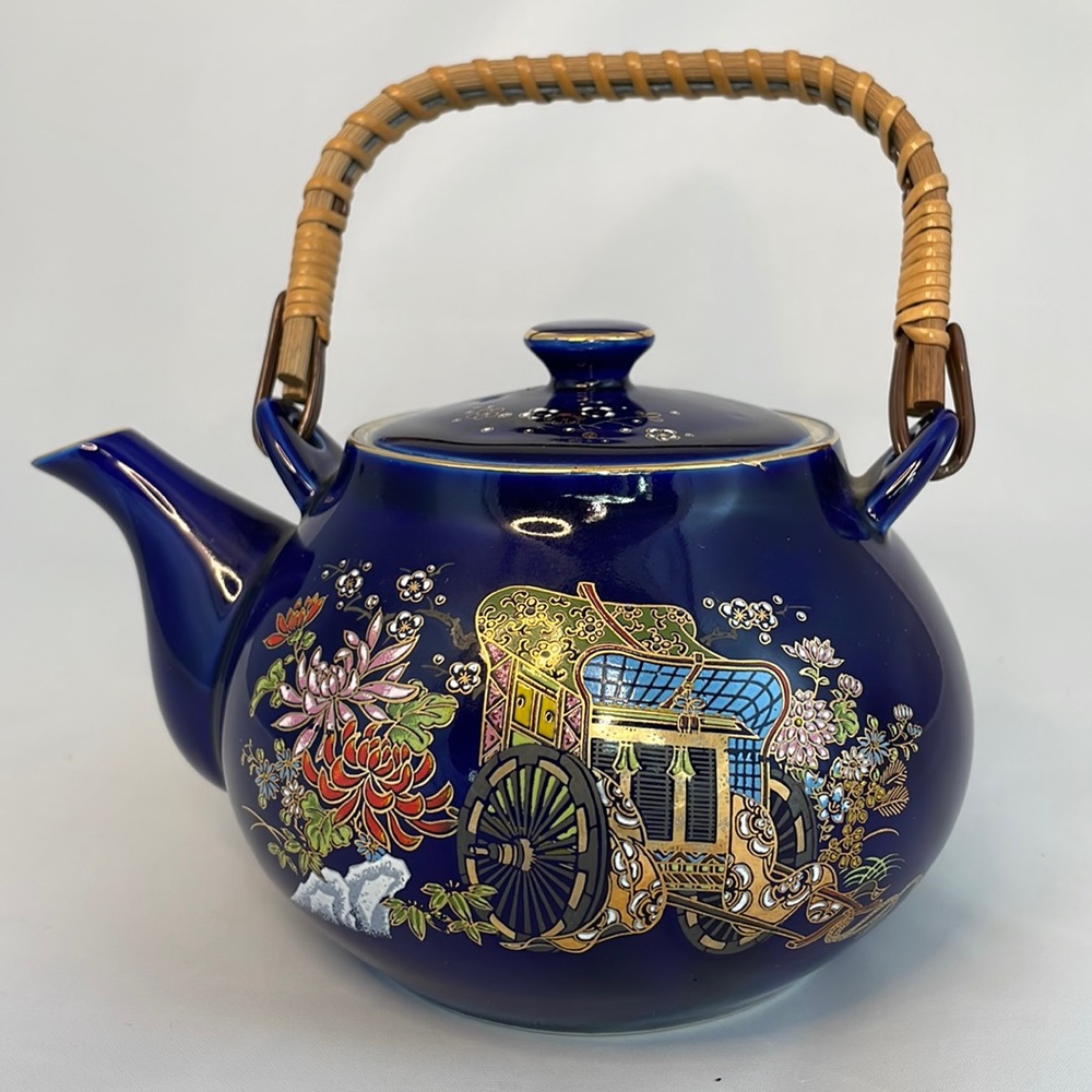 VTG Handpainted Japan Kutani Cobalt Blue Gilt Floral Carriage Teapot Wood Handle